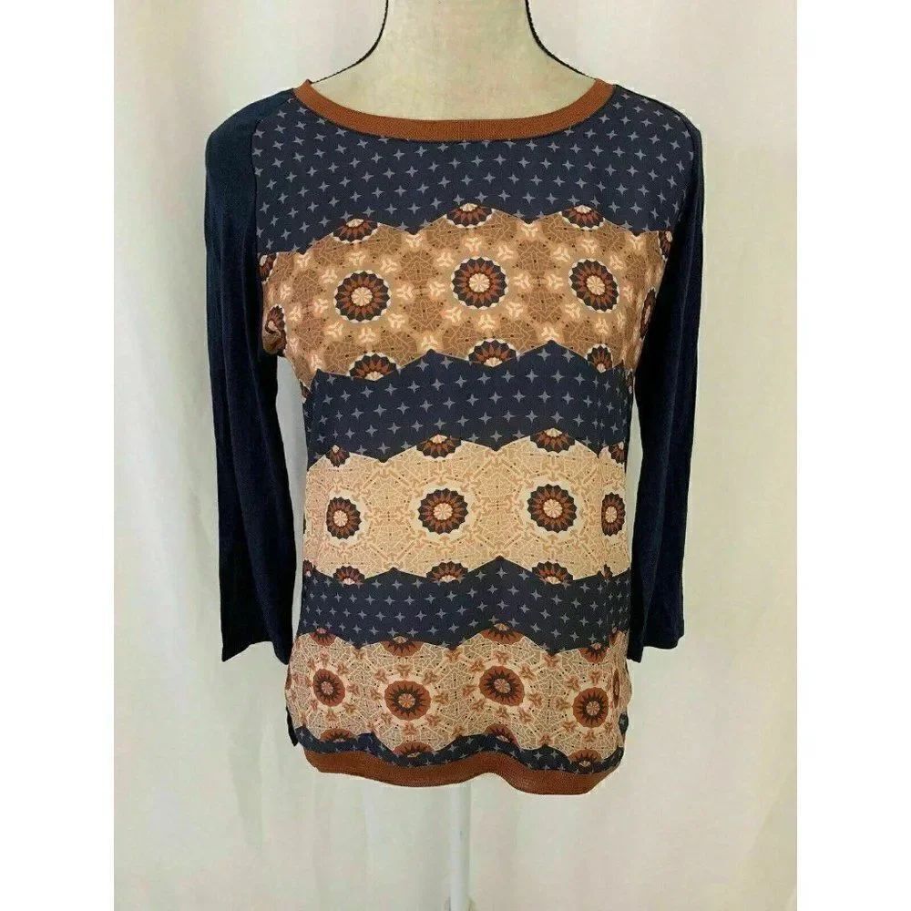 Zara WB Womens Navy Blue Orange Beige Long Sleeve Crew Neck Top T Shirt Small